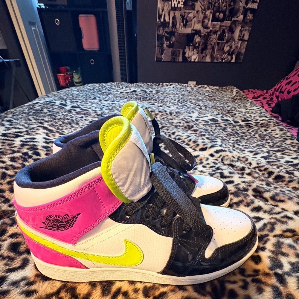 Nike Kids Black, Pink, and Neon Green High-Top Sneakers